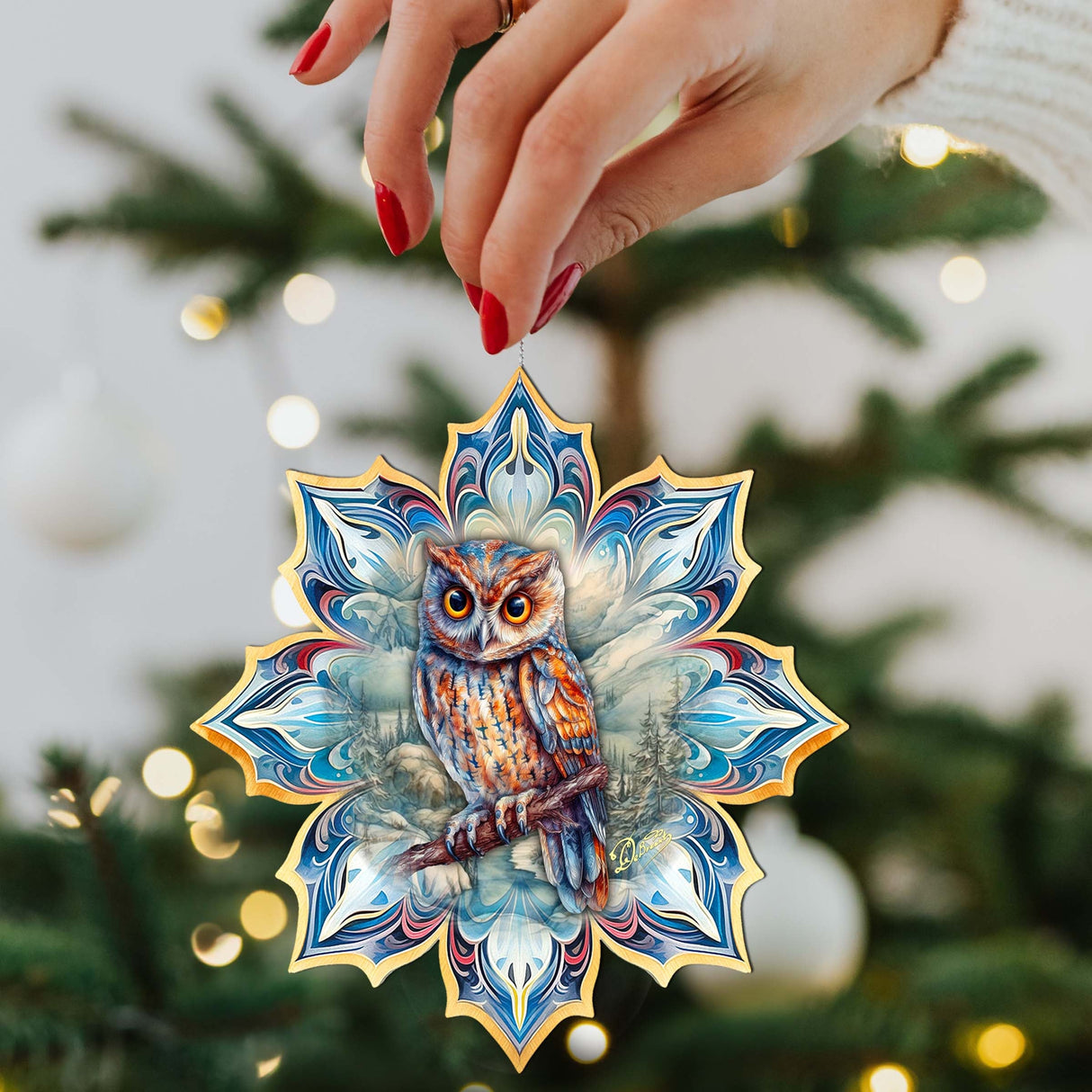 Adornos de madera con forma de copo de nieve de búho cornudo de G. Debrekht - Decoración de vida silvestre - 8688436