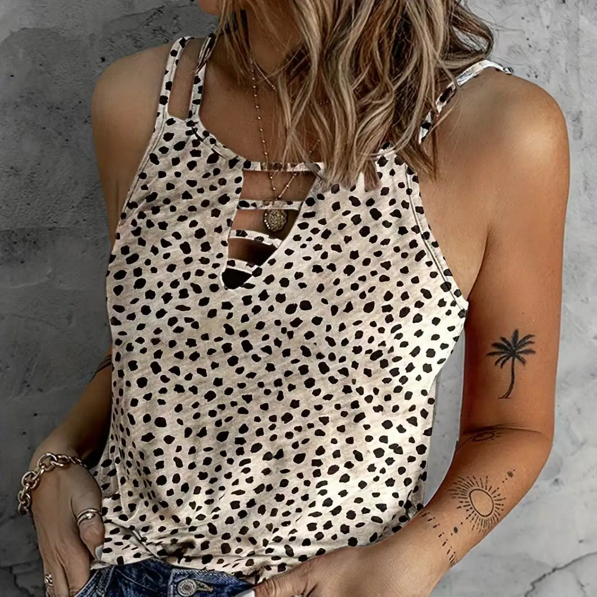 Ladies' Fashionable Casual Solid Color Printed Polka Dot Vest Top - Lootquake