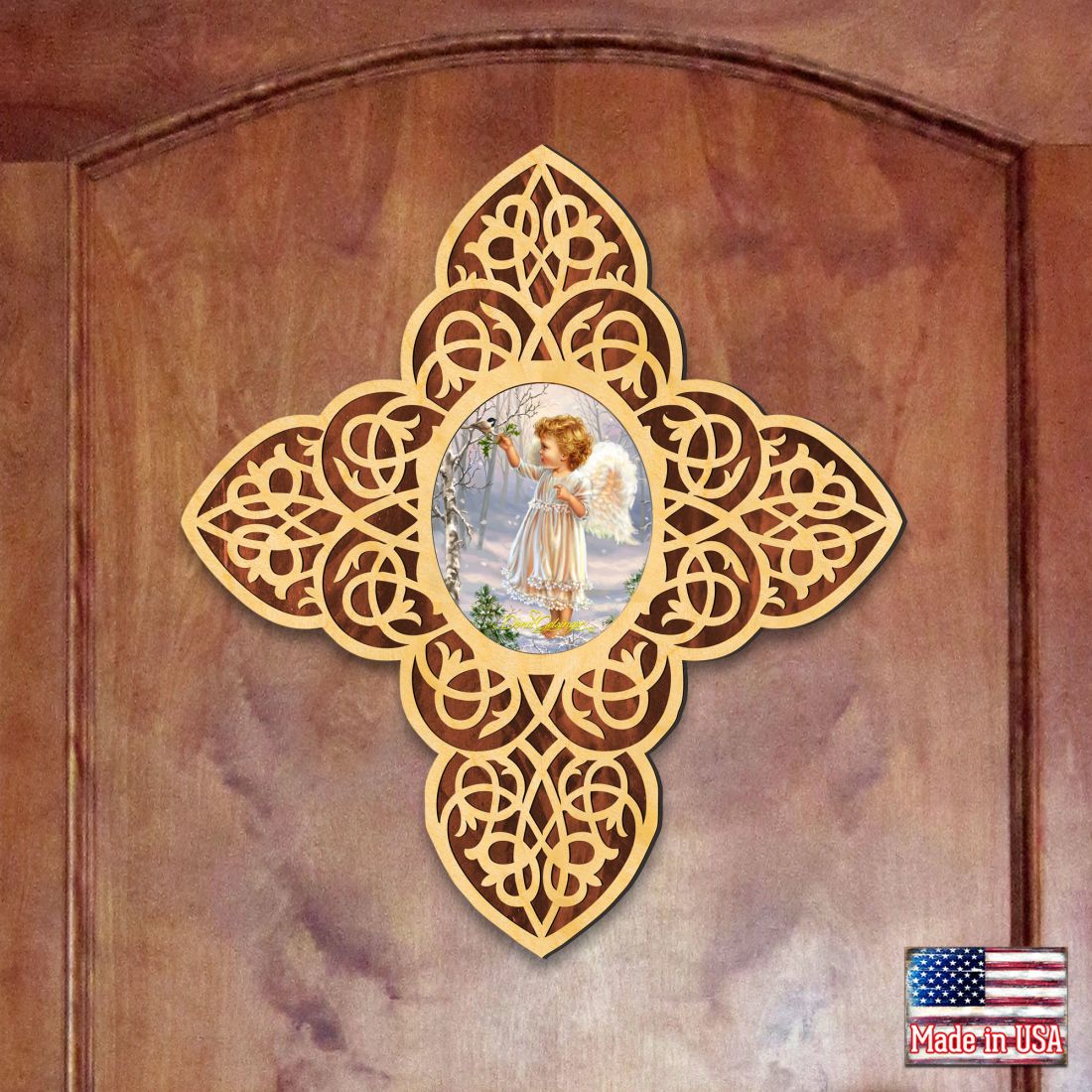 Cruz de madera con filigrana de niña ángel de D. Gelsinger - Decoración inspiradora - 88482-DG