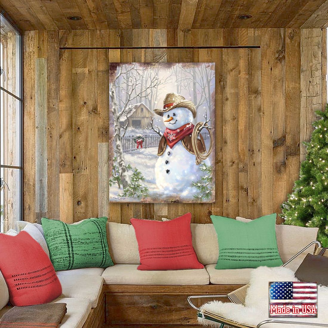 Cowboy Snowman Art Wooden Wall Art by D. Gelsinger - Christmas Santa Snowman Decor - 95604B-1541