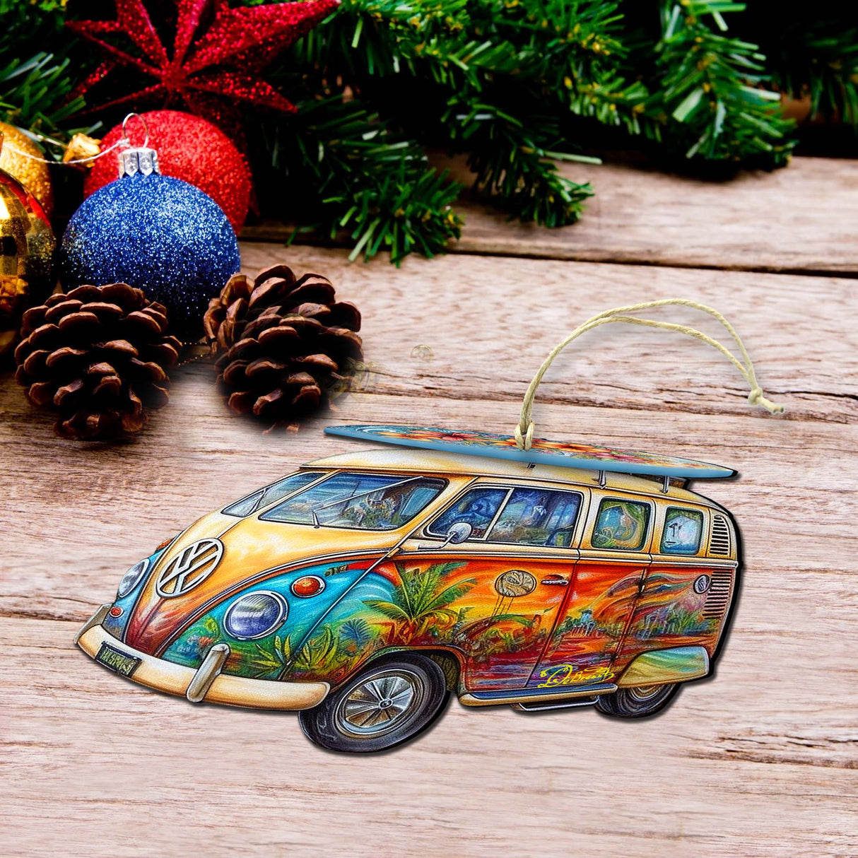 Beach Themed Ornaments - Hippie Van Wooden Ornaments by G.Debrekht Coastal Holiday Decor - 8688203