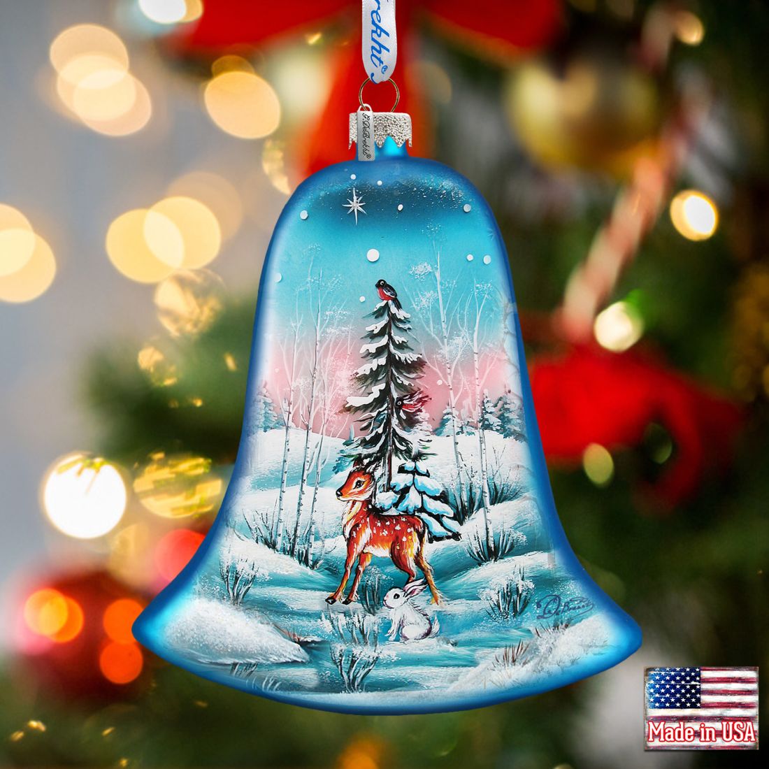 Winter Bunny Bell Glass Ornament by G. DeBrekht - Christmas Decor - 73182