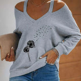 Women's V-neck Off Shoulder Printed Casual Clothing Shirt Long Sleeved Top - Lootquake