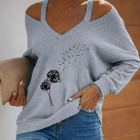 Women's V-neck Off Shoulder Printed Casual Clothing Shirt Long Sleeved Top - Lootquake