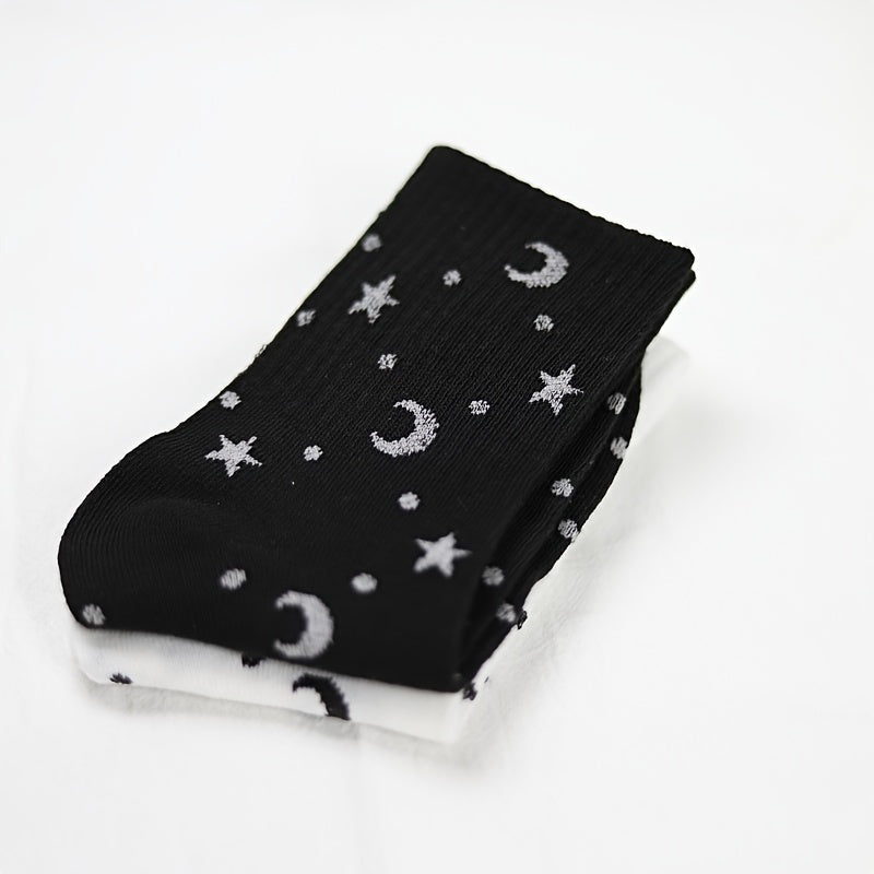 2 pares de calcetines con estampado de estrellas y lunas, cómodos y transpirables, medias de tubo medio para mujer.