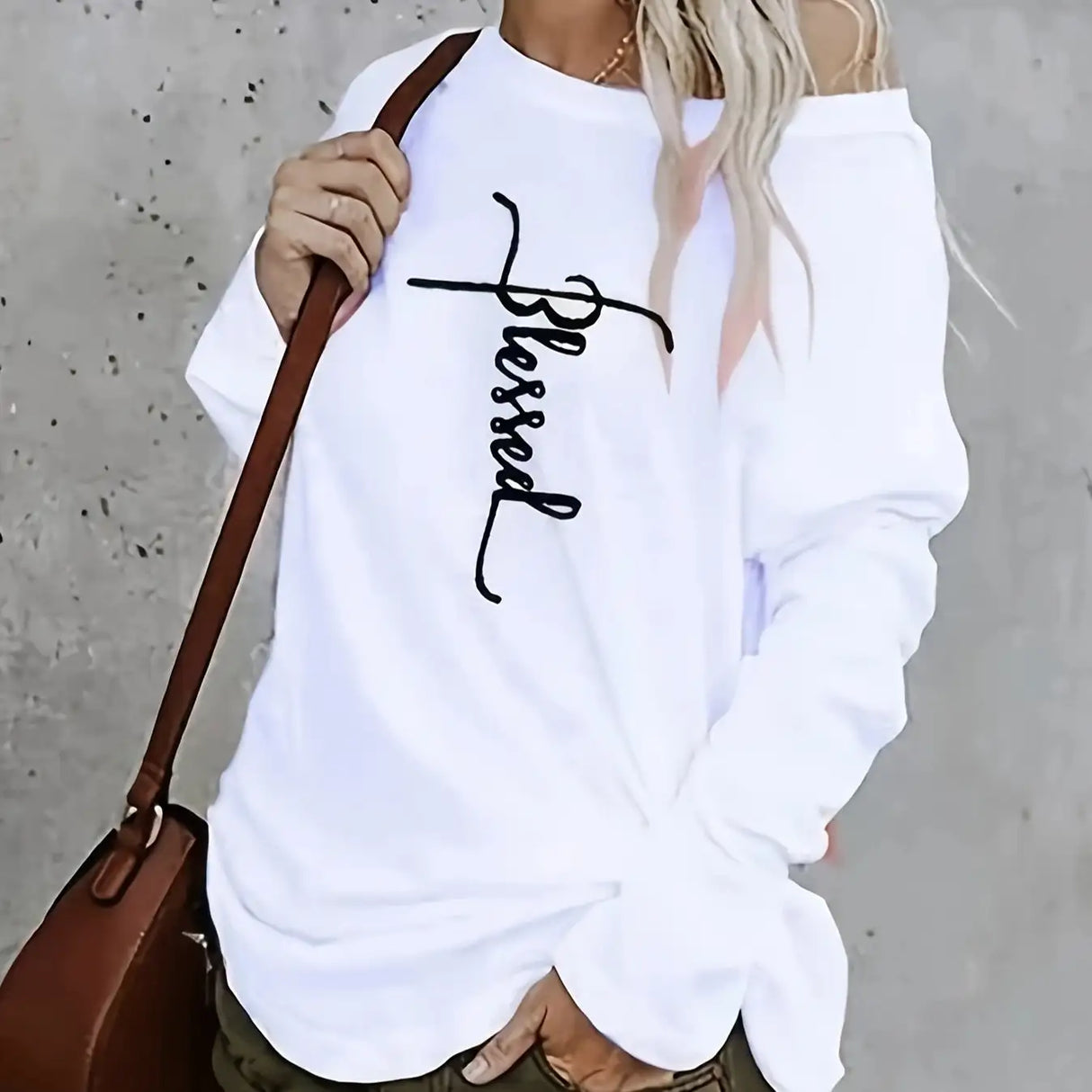 Ladies Off Shoulder Autumn Winter Letter Printed Casual White Long Sleeved T-shirt Top - Lootquake