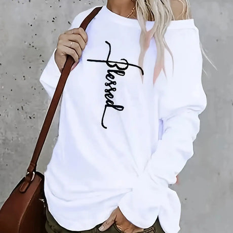 Ladies Off Shoulder Autumn Winter Letter Printed Casual White Long Sleeved T-shirt Top - Lootquake