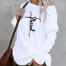 Ladies Off Shoulder Autumn Winter Letter Printed Casual White Long Sleeved T-shirt Top - Lootquake