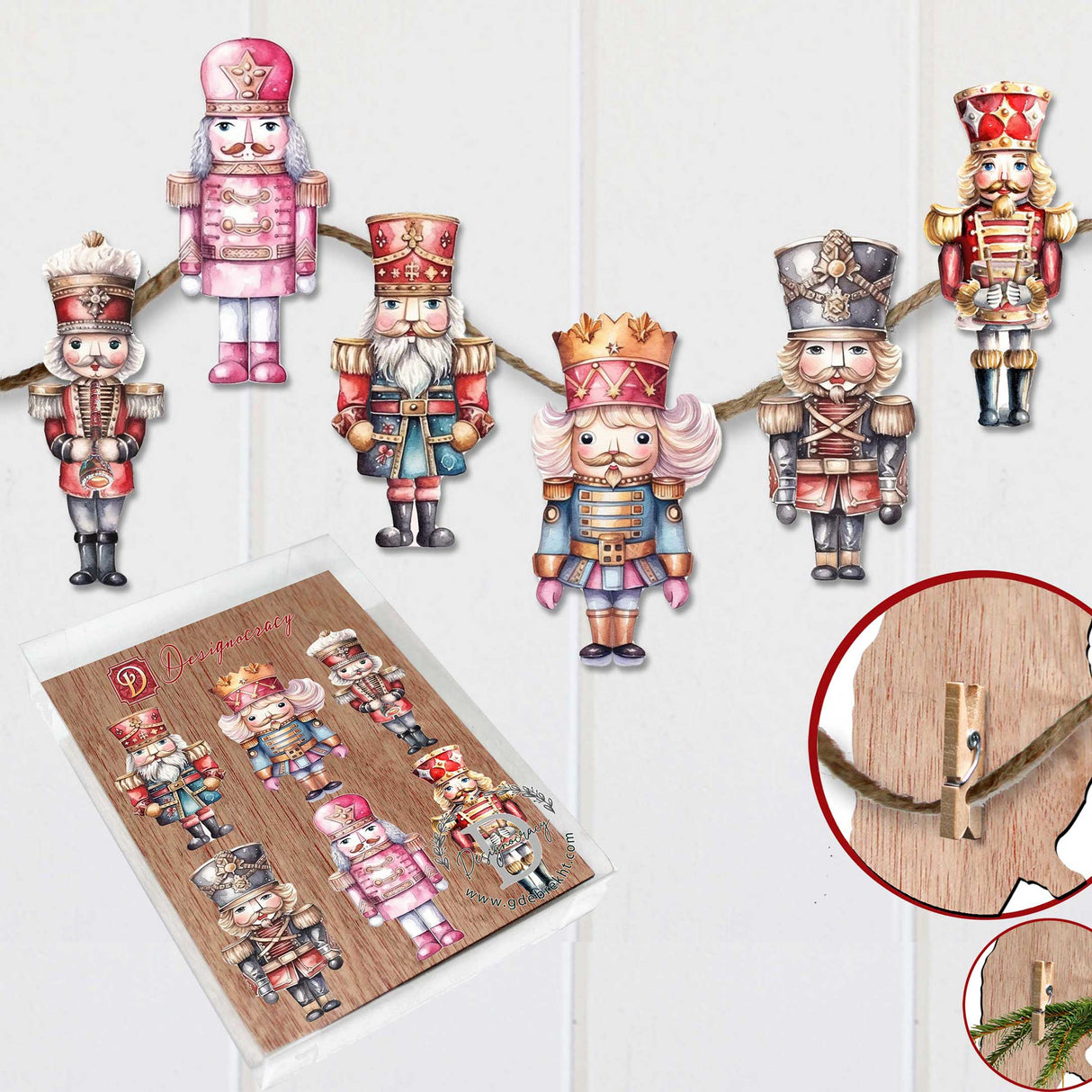 Nutcrackers Decorative Wooden Clip-on Ornaments of 6 by G. Debrekht - Christmas Decor - 8090008C-S6