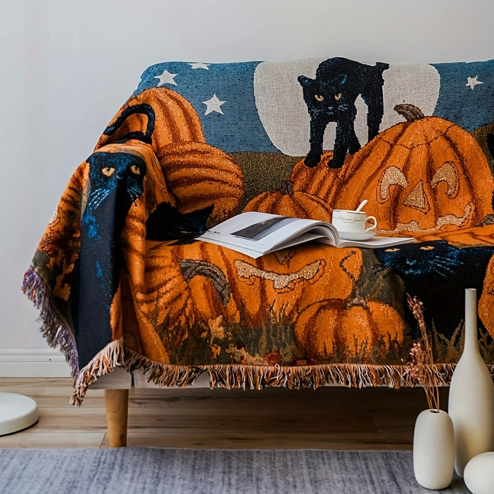 1 couverture d'Halloween à franges, 100 % coton, légère, idéale pour un canapé, un lit ou une chaise.