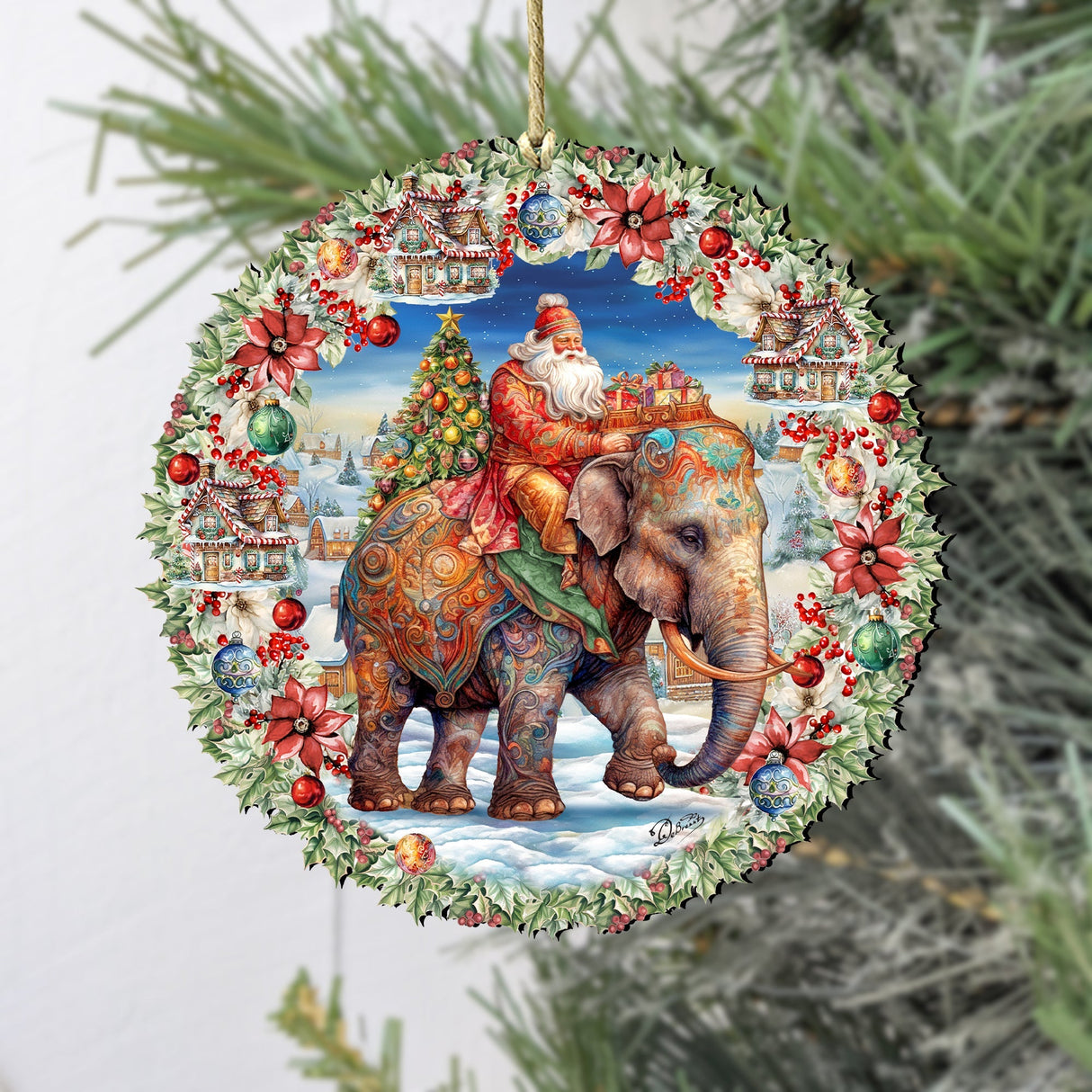 Adornos de madera con corona de Papá Noel y elefante de G. Debrekht: decoración navideña con Papá Noel y muñeco de nieve - 8611043
