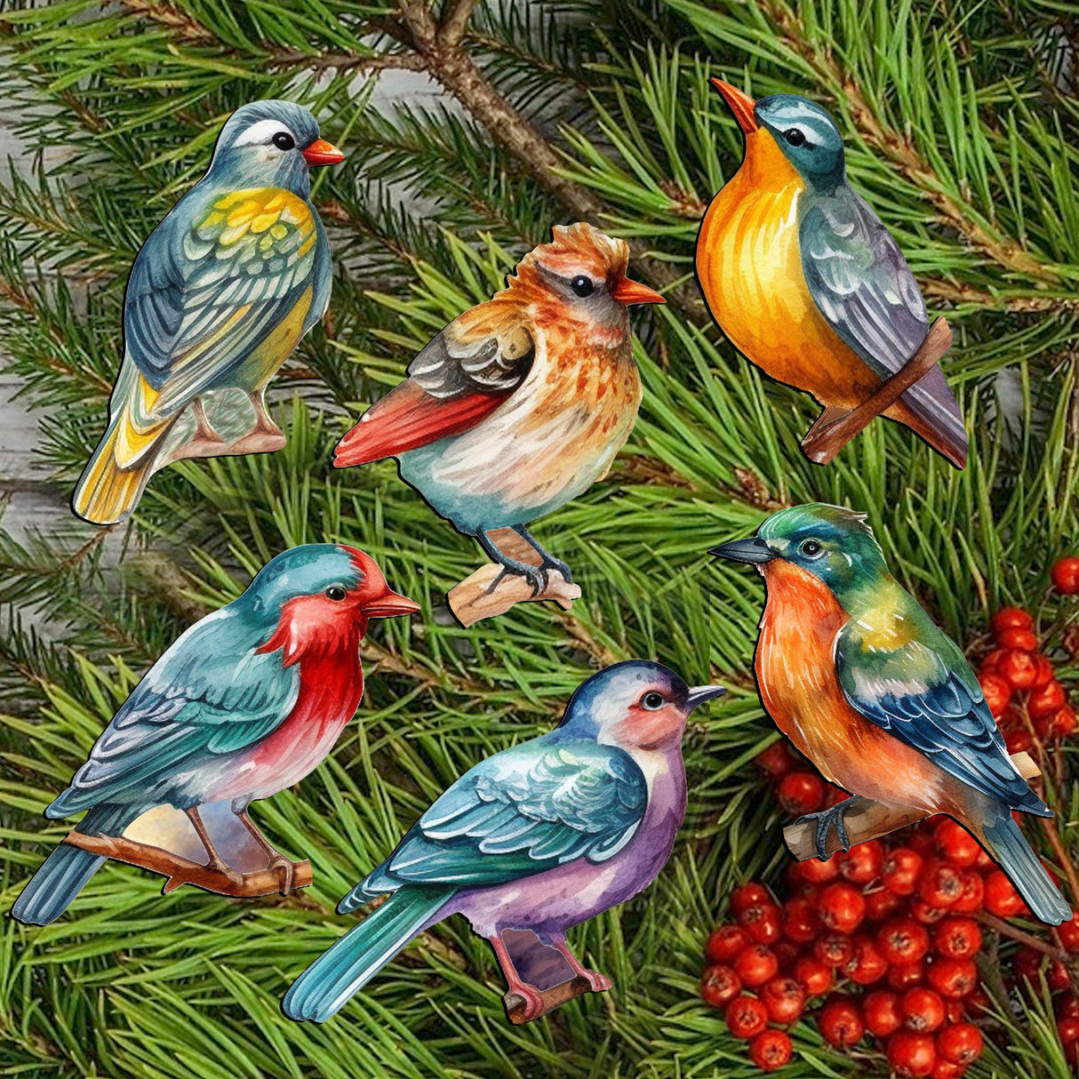 Forest birds Decorative Wooden Clip-on Ornaments of 6 by G. Debrekht - Christmas Decor - 8090015C-S6