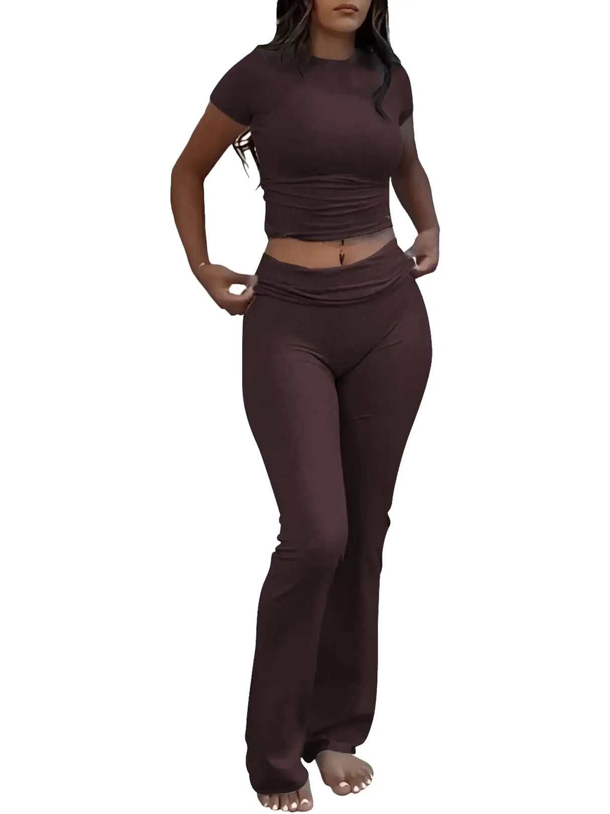 Casual Solid Color Slim Fit Two-piece Pants Set, Short Sleeved Round Neck T-shirt And Tight Flared Pants Sports Pants Clothing, Women's Clothing - Lootquake