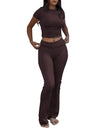 Casual Solid Color Slim Fit Two-piece Pants Set, Short Sleeved Round Neck T-shirt And Tight Flared Pants Sports Pants Clothing, Women's Clothing - Lootquake
