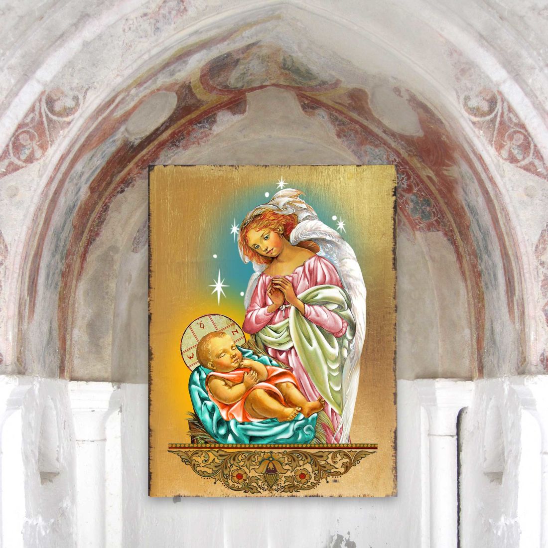 Blessing Angel with Child Wooden Gold Plated Religious Christian Sacred Icon - Inspirational Icon Decor - 85028