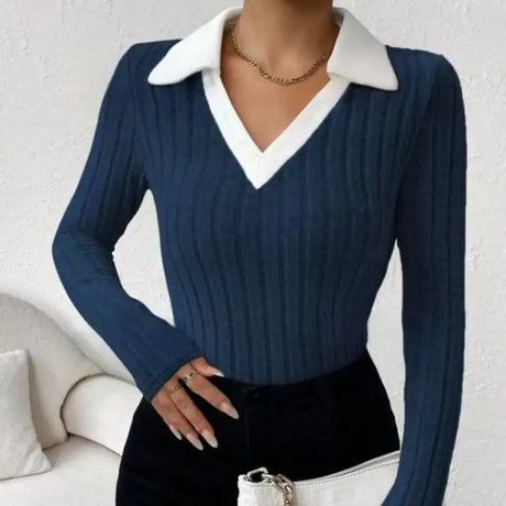 Ladies' Fashion Elegant Solid Color Long Sleeve Autumn Winter POLO Collar Fake Two Piece T-shirt Top Elegant Customization - Lootquake