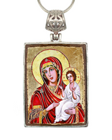 Collar de la Virgen María Directora, joyería religiosa, bañado en plata, cabujón de madera bañado en oro - Icono sagrado ortodoxo - Decoración inspiradora - 43029R