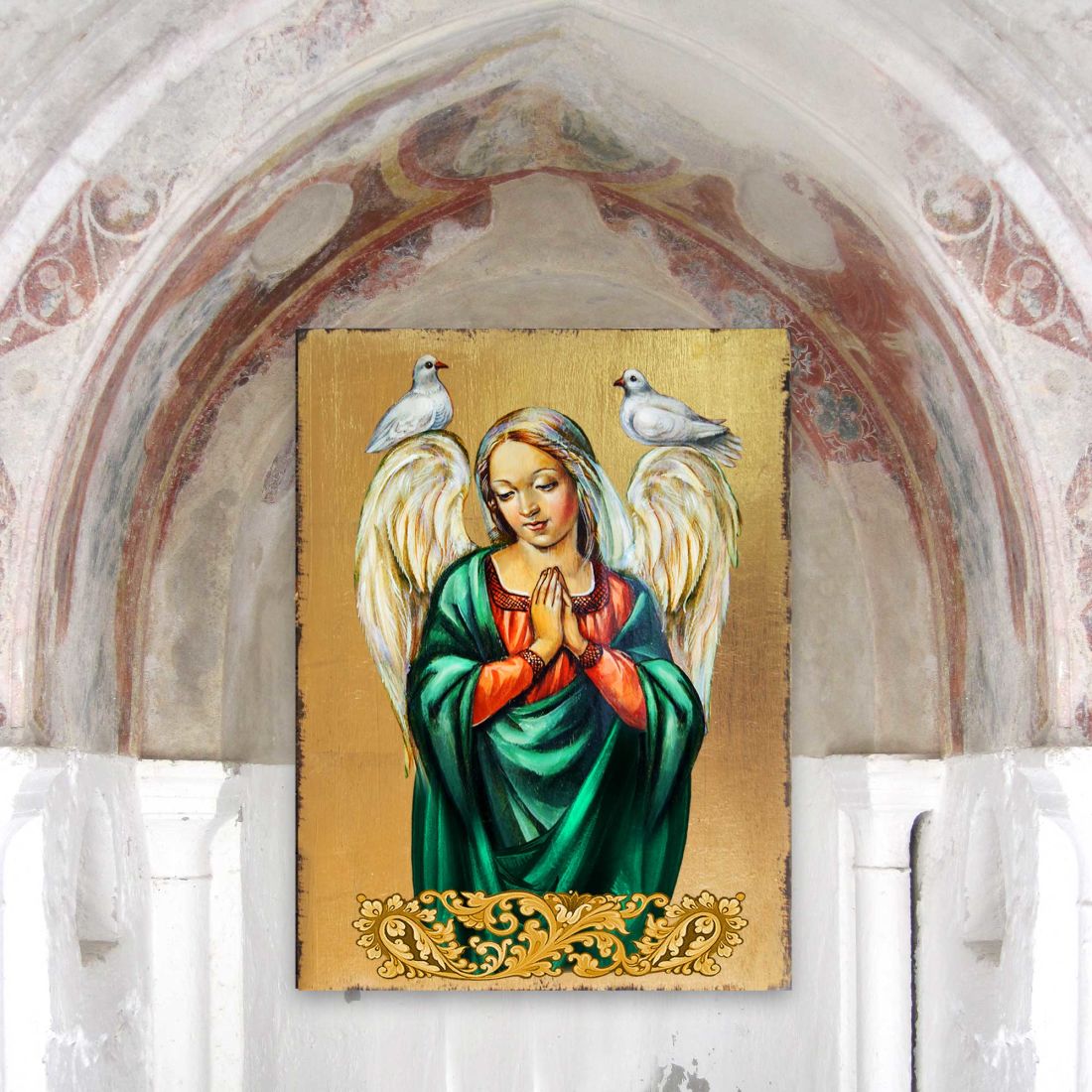 Ángel rezando de madera chapado en oro, icono religioso cristiano sagrado - Decoración inspiradora - 85026