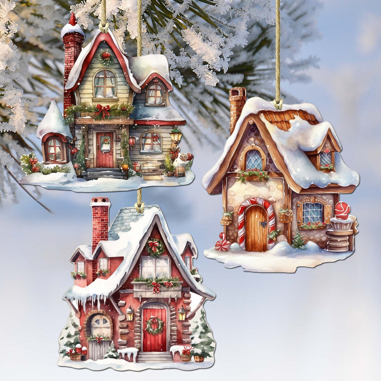 Christmas Houses Decorative Wooden Ornaments Set of 3 by G. Debrekht - Christmas Decor - 8091024-S3