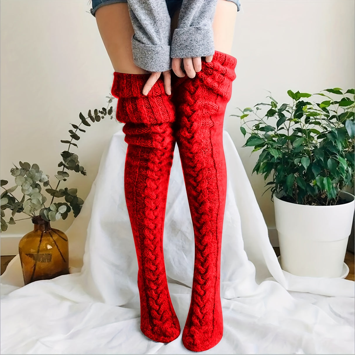 Cozy Knitted Thigh High Socks, Warm & Simple Over The Knee Socks, Women's Stockings & Hosiery