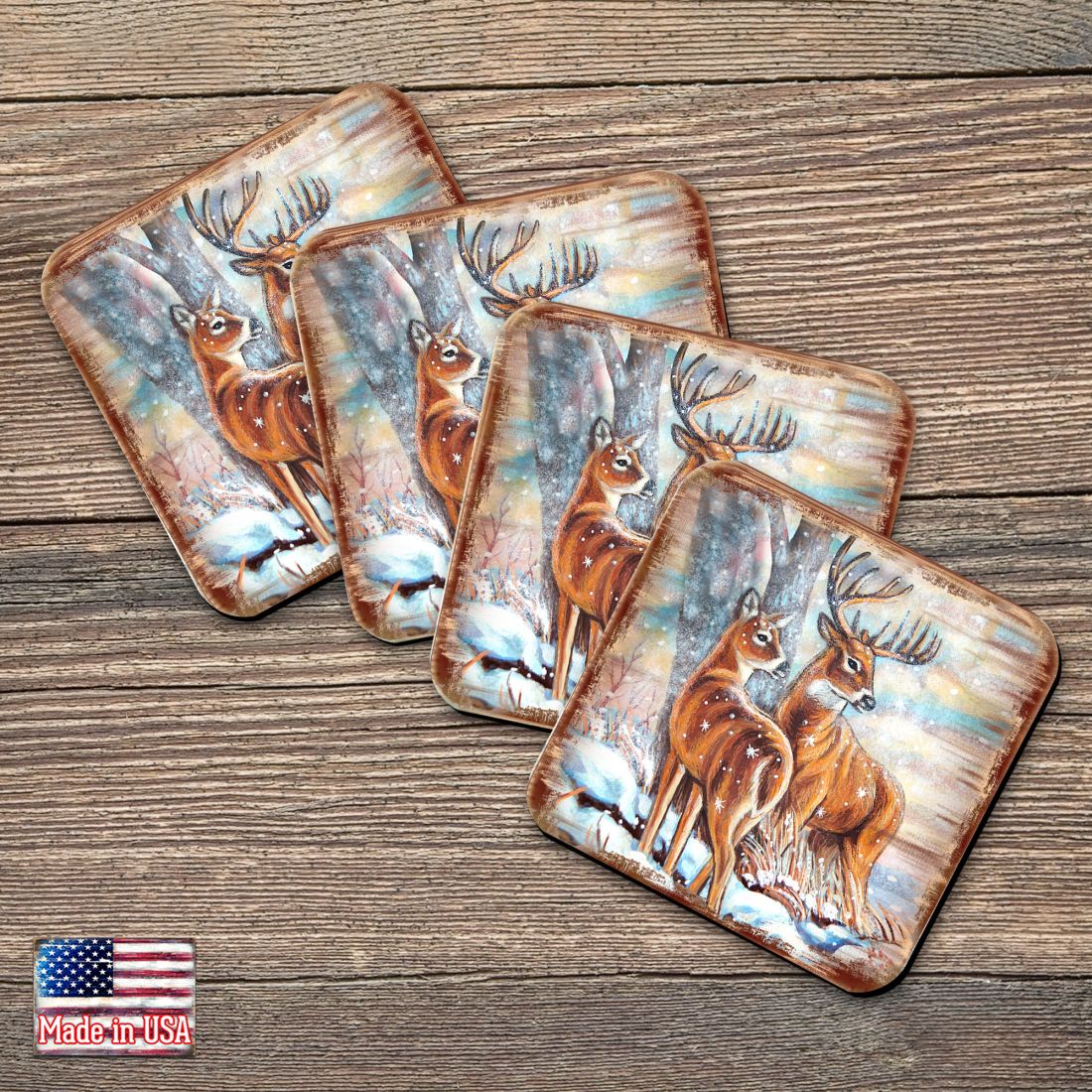 Deer's Wooden Cork Coasters Gift Set of 4 by Nature Wonders - Nature Wildlife Decor  - 95212C-S4