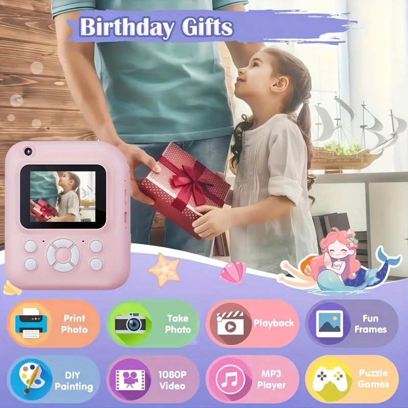 1080P FHD Screen Instant Print Digital Camera - With 3 Rolls Of Paper, 32G TF Card And Card Reader, Puzzle Games, 2.4 Inch Compact And Portable Design Outdoor Photography, Prefect Gift For Halloween Christmas And Thanksgiving