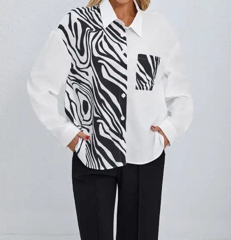 Ladies' Collar Print Button Chest Pocket Fashionable Shirt - Lootquake