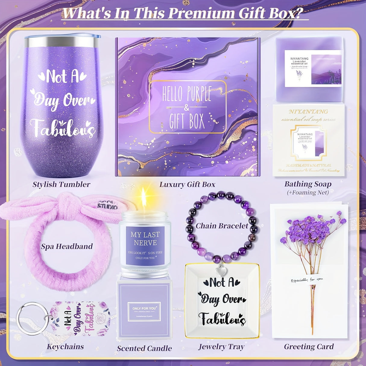 1set Purple Spa & Self-Care Gift Set for Women - Tumbler, Scented Candle, Bath Soap, Beaded Bracelet, Keychain, Jewelry Tray & Greeting Card - Ideal for Birthday, Anniversary, Retirement, Christmas, Get Well - No Electricity