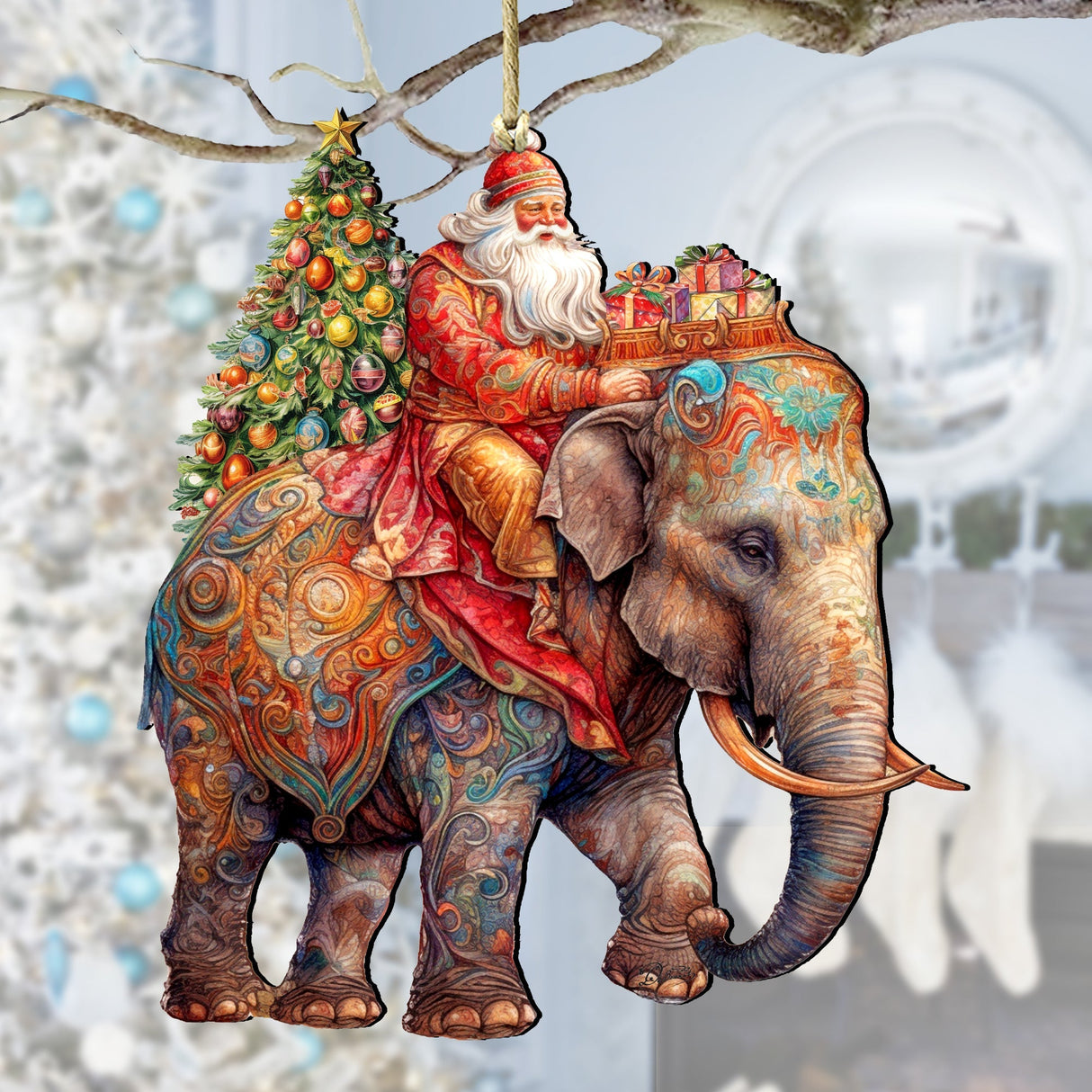 Adornos de madera de Papá Noel sobre un elefante de G. Debrekht. Decoración navideña de Papá Noel y muñeco de nieve - 8611043-2