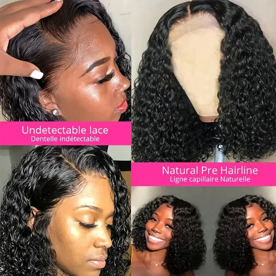200% Density Short Curly Bob Wig 13x4 Lace Front Wet & Wavy Deep Wave Brazilian Remy Human Hair 4x4 Closure
