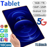 Tablette Android 12000 mAh, version internationale, 16 Go de RAM, 1 To de ROM, nouveau réseau, 11,6 pouces, 10 cœurs, Android 13.0, Wi-Fi, 2024