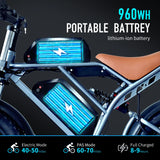 Vélo électrique tout-terrain pour adulte, 1000 W, 48 V, 60 Ah, vitesse maximale de 55 km/h, pneus larges de 20 pouces