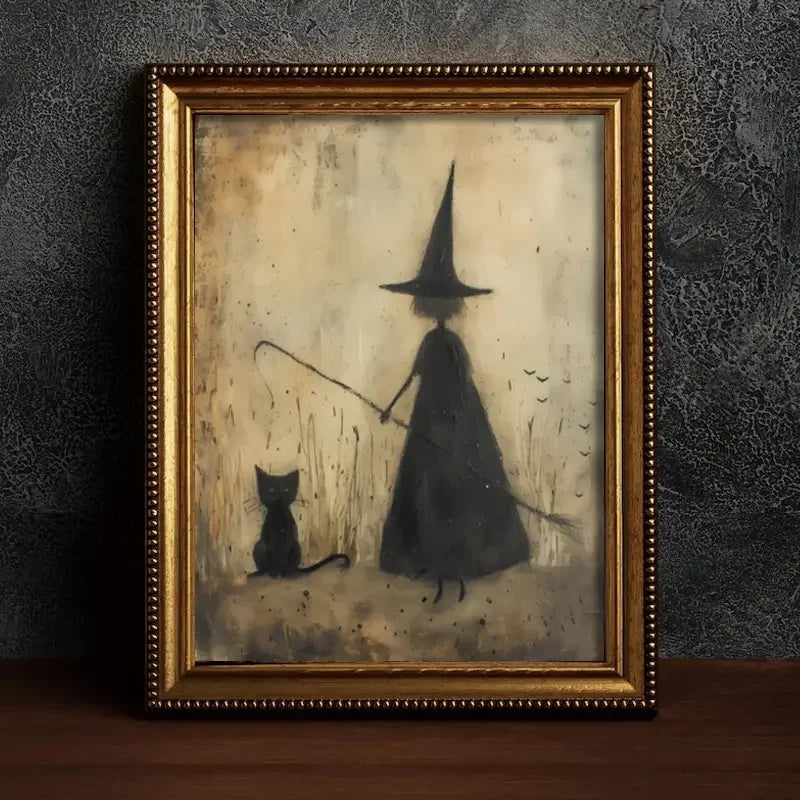 Spooky Halloween Gothic Party Wall Decor 12"X16" Unframed Canvas With Bats Witches & Black Cats For Living Room Bedroom Bathroom