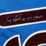 Camiseta de béisbol retro azul de Filadelfia, enmarcada, autografiada y firmada por Greg Luzinski, 35 x 39, 80 WS Champs, JSA COA