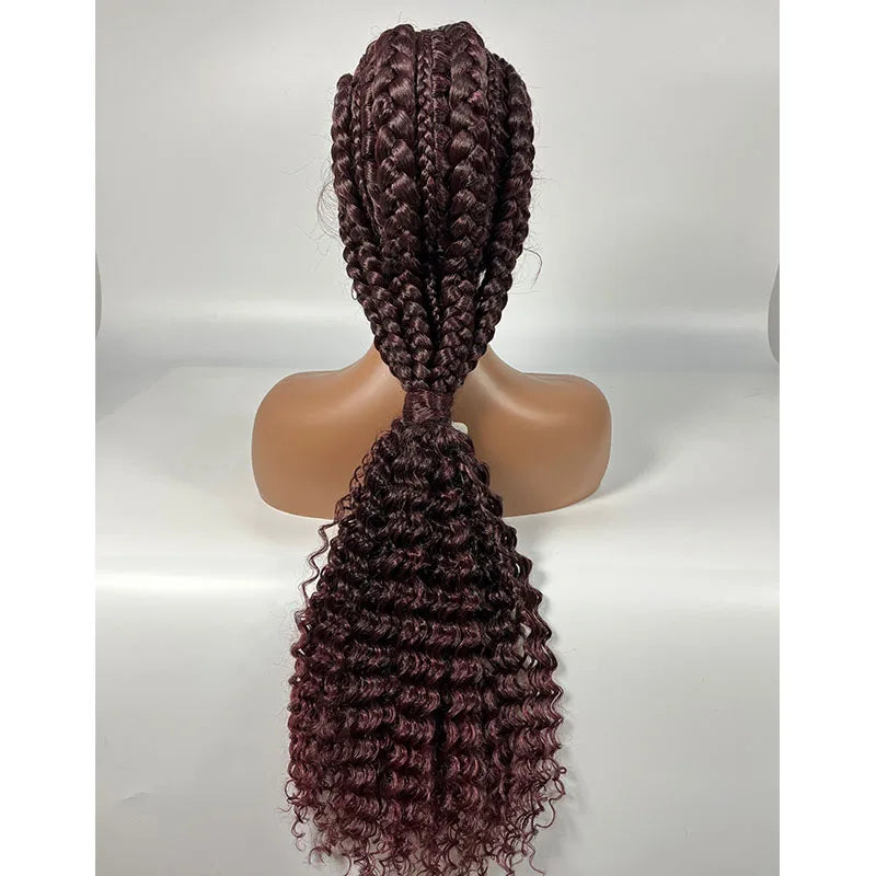 28" Burgundy Knotless Braids Wig with Curly Ends | Lace Front | Baby Hair