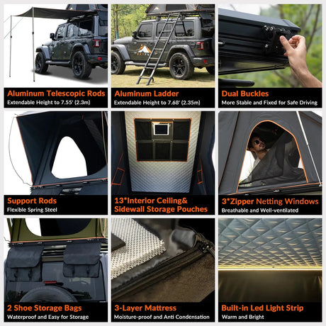 Adventurer Plus Rooftop Tent Hardshell with Side Awning, Air Conditioner Outlet with Bracket, Replaceable Rain Flies - Lootquake