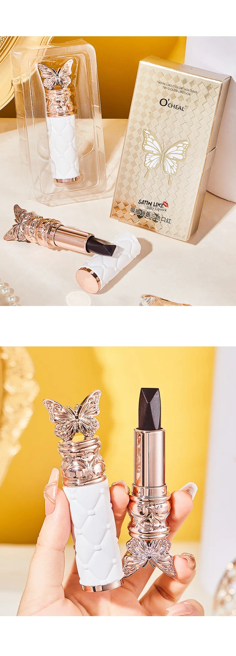 Ocheal Satin-Like Color-Holding Tri-Color Lipstick  Waterproof Long Lasting Liquid Lipstick Tint Moisturizing Tear Off Lip Stain