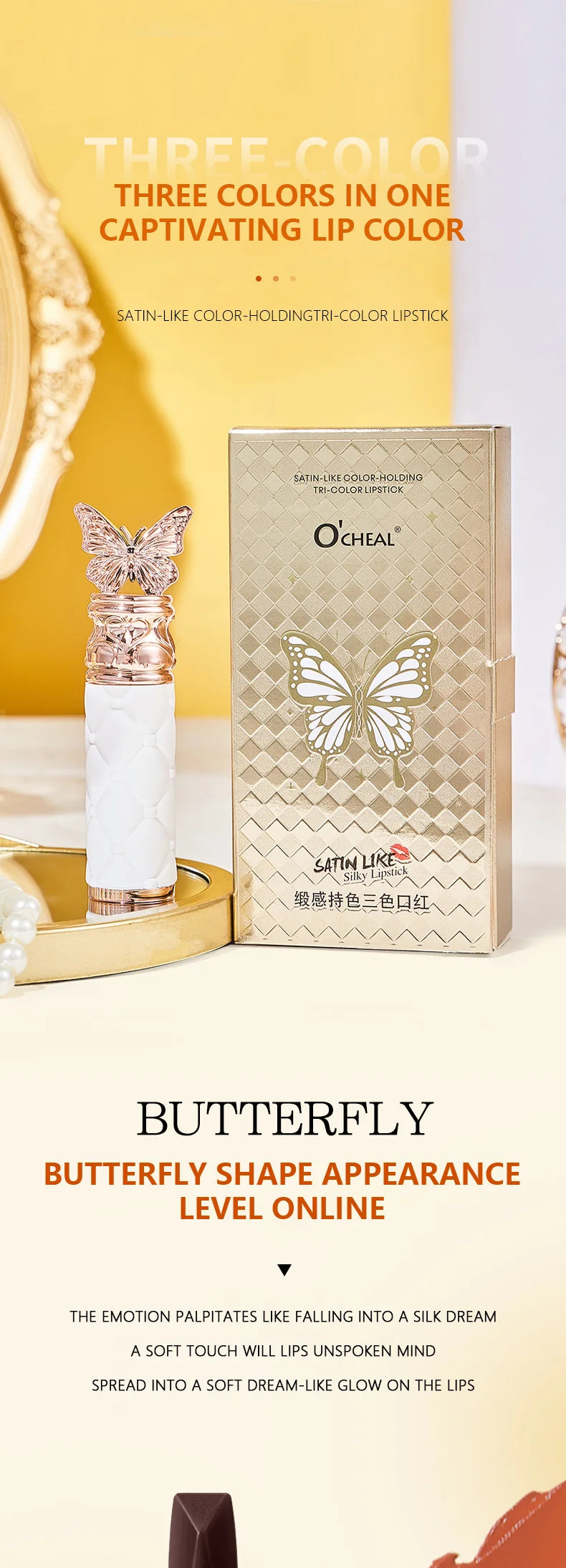 Ocheal Satin-Like Color-Holding Tri-Color Lipstick  Waterproof Long Lasting Liquid Lipstick Tint Moisturizing Tear Off Lip Stain