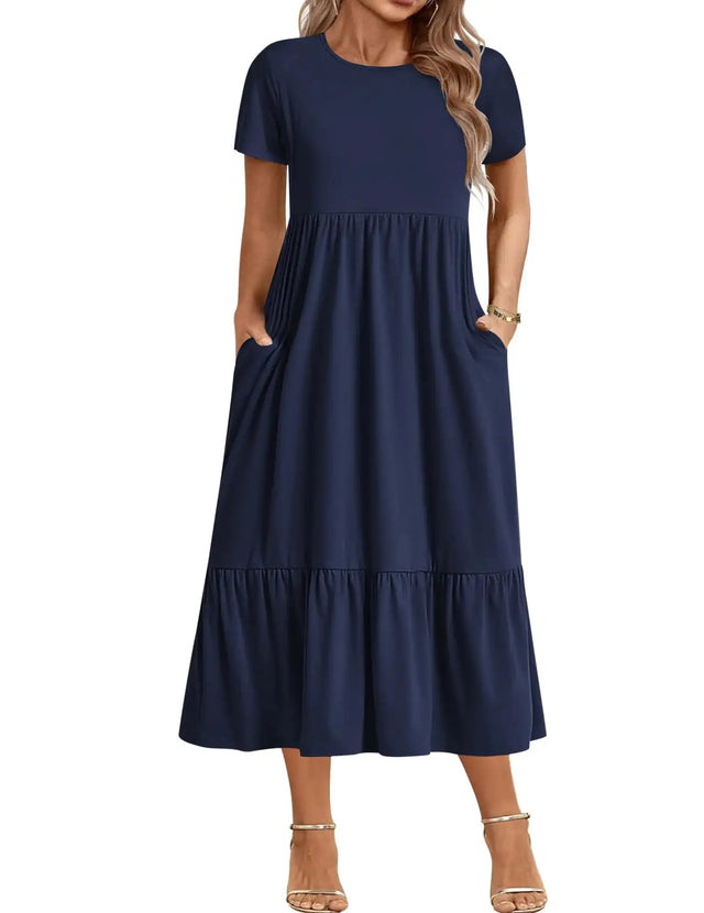 INVOLAND Plus Size Women Short Sleeve Loose Plain Maxi Dresses Casual Long Dresses with Pockets - Lootquake