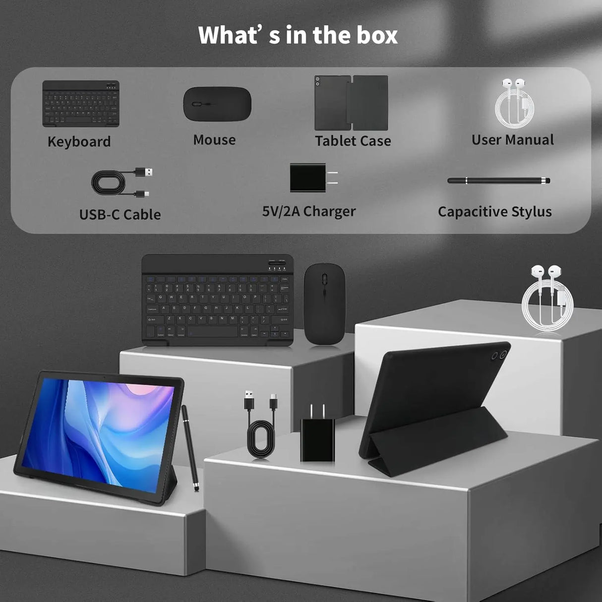 Tableta Android A10L de 10 pulgadas, 12 GB de RAM, 64 GB de ROM, pantalla táctil IPS HD con teclado, estuche, ratón y lápiz óptico, kit de tableta 8 en 1