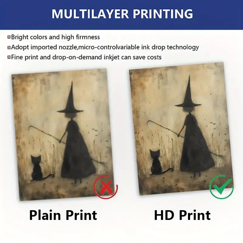 Spooky Halloween Gothic Party Wall Decor 12"X16" Unframed Canvas With Bats Witches & Black Cats For Living Room Bedroom Bathroom
