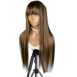 Blonde Highlight Straight Wig with Bangs | 180% Density Glueless Full Machine Made Brazilian Ombre Human Hair