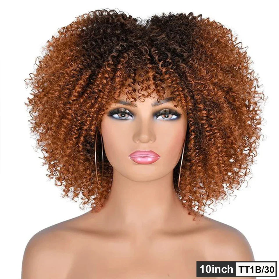 200% Density Short Afro Kinky Curly Human Hair Wig with Bangs | Sassy Fluffy Natural Growth Full Machine Made Wigs