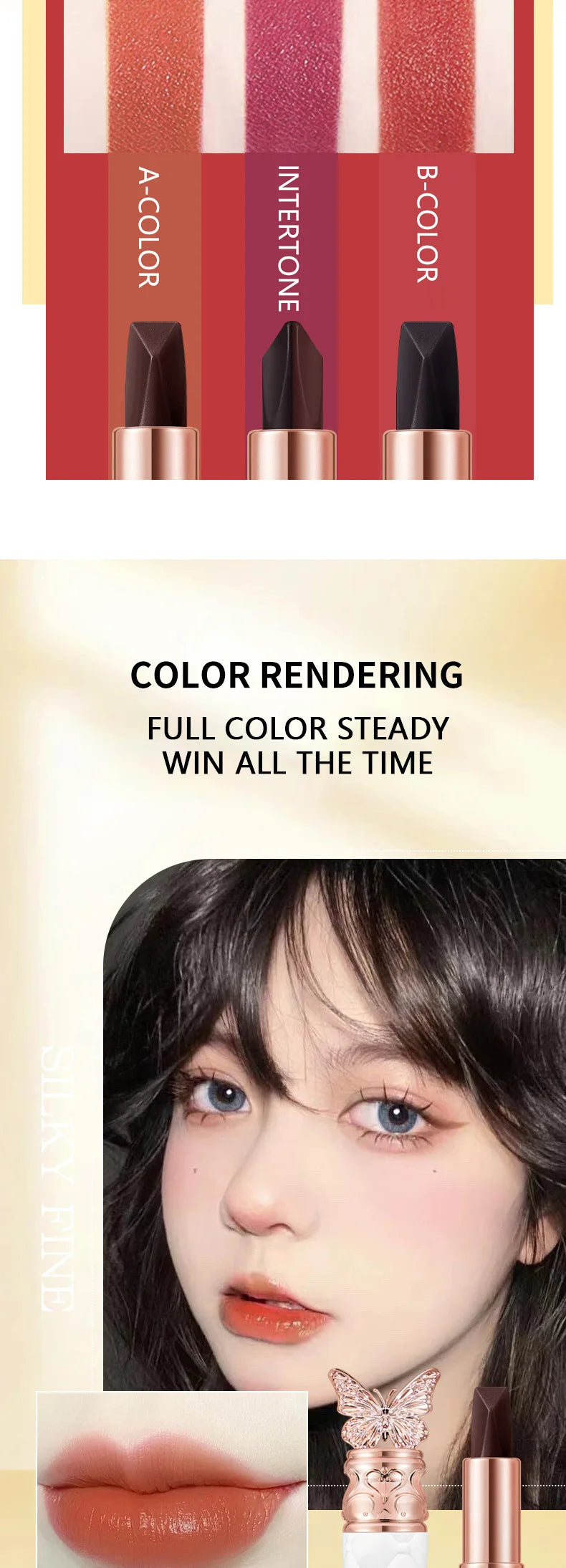 Ocheal Satin-Like Color-Holding Tri-Color Lipstick  Waterproof Long Lasting Liquid Lipstick Tint Moisturizing Tear Off Lip Stain