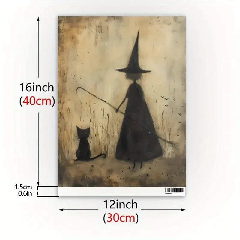 Spooky Halloween Gothic Party Wall Decor 12"X16" Unframed Canvas With Bats Witches & Black Cats For Living Room Bedroom Bathroom
