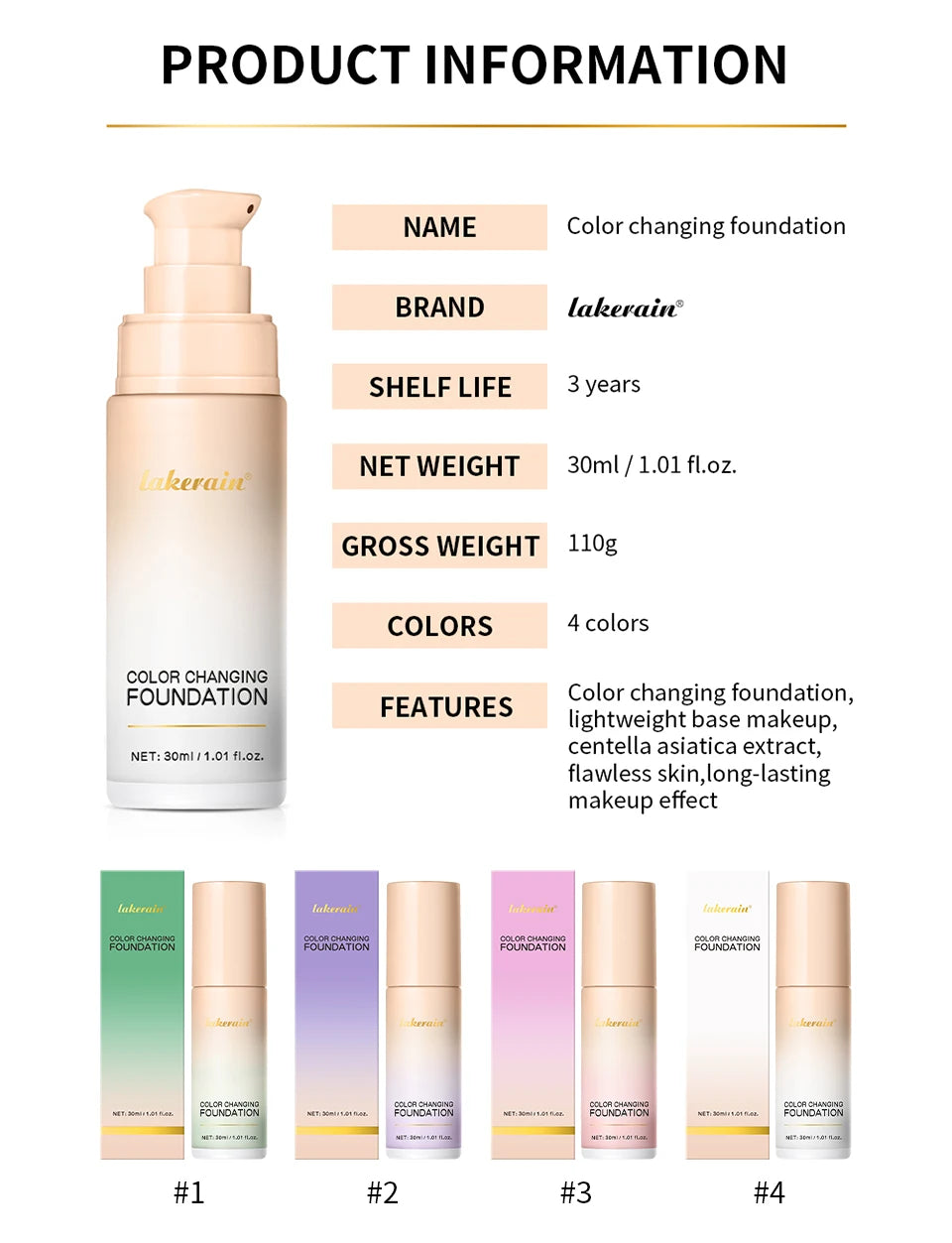 Color Changing Foundation 4 in 1 Moisturizing SPF 30+ Hydrating Color Longwearing Waterproof Travel Coverage Makeup Base