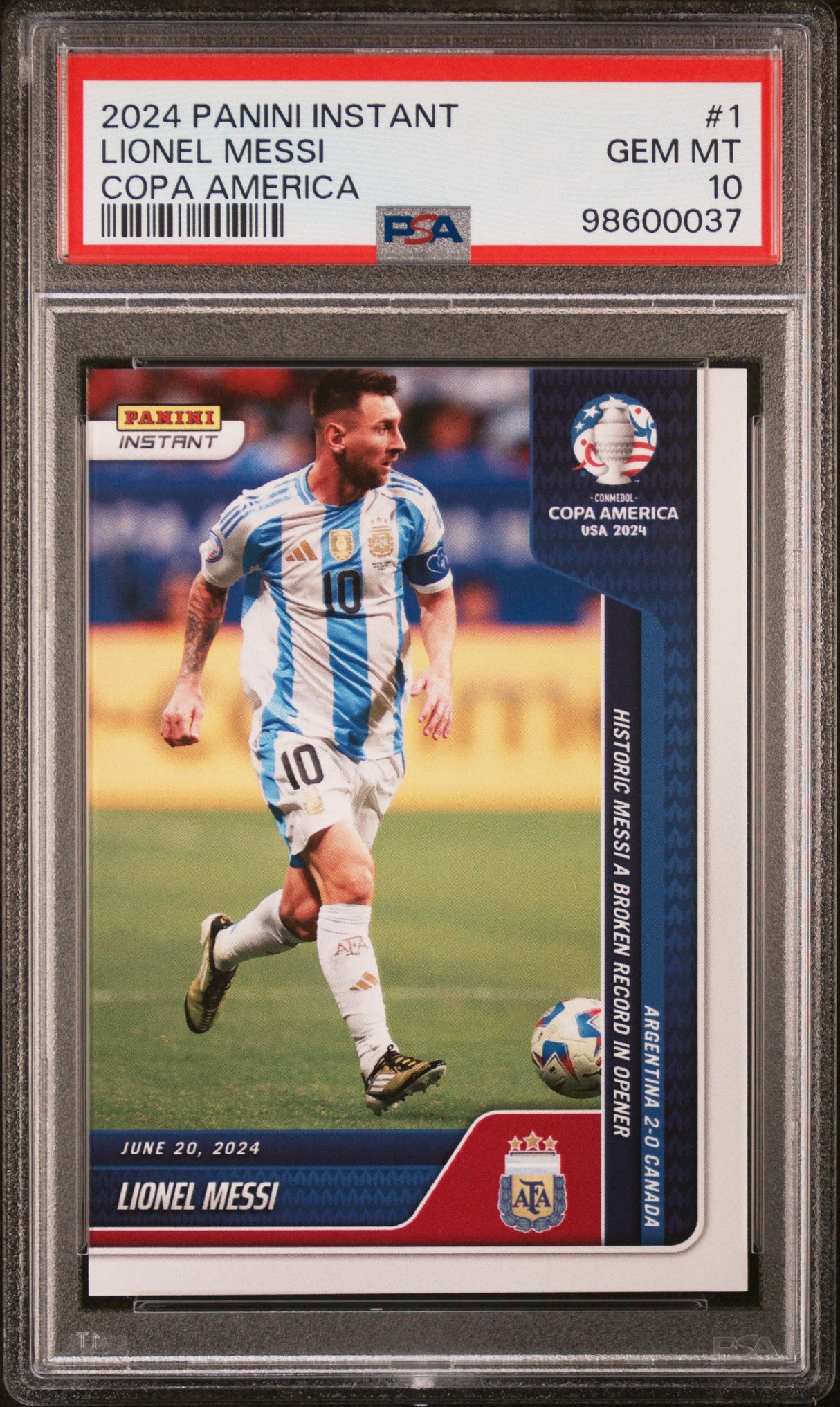 Tarjeta de fútbol Panini Instant Lionel Messi n.° 1 de la Copa América (PSA 10 Gem Mint) clasificada en 2024