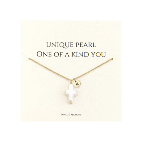 Pearl Cross Necklace for Women Gold Initial K Necklaces 14K Gold Plated Cute Dainty Baroque Pearl Cross Pendant Necklace Jewelry Gift - Lootquake