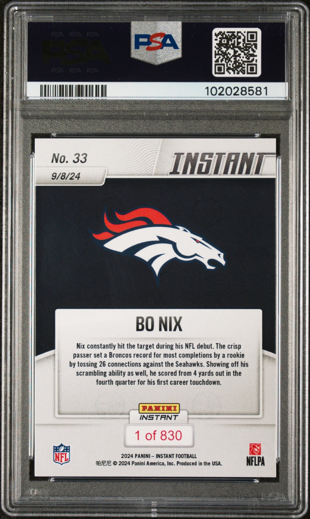 Tarjeta de fútbol americano Panini Instant NFL Bo Nix #33 Rookie RC de 2024, calificada, PSA 10 Gem Mint
