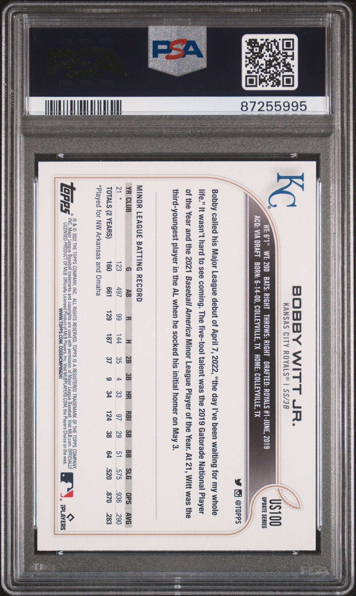 Tarjeta de béisbol de Bobby Witt Jr. #US100 Rookie RC, actualización Topps 2022, PSA 10 Gem Mint